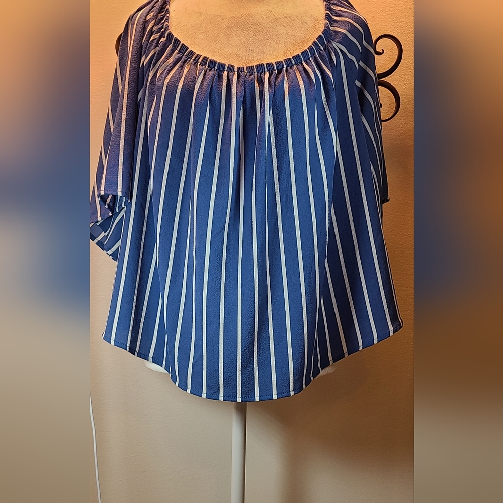 25-3-370 Ambiance Blue and White Boxy Short Sleeve Blouse Size 3x EUC